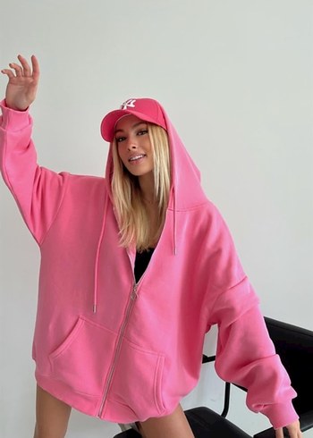 Kadın Pembe Kapüşonlu Fermuarlı 3 İplik Sweatshirt - Görsel 2