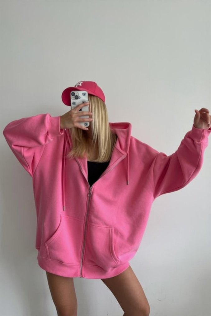 Kadın Pembe Kapüşonlu Fermuarlı 3 İplik Sweatshirt - Görsel 3