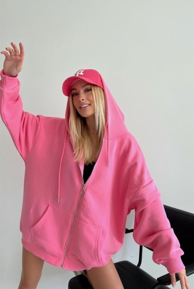 Kadın Pembe Kapüşonlu Fermuarlı 3 İplik Sweatshirt - Görsel 2