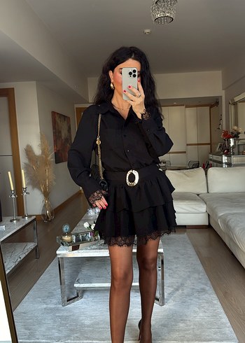 Kadın Siyah Gömlek Yaka Dantel Detaylı Kemerli Elbise - Görsel 5