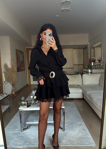 Kadın Siyah Gömlek Yaka Dantel Detaylı Kemerli Elbise - Görsel 2