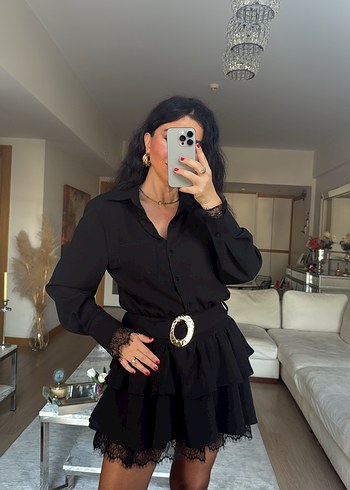 Kadın Siyah Gömlek Yaka Dantel Detaylı Kemerli Elbise - Görsel 4