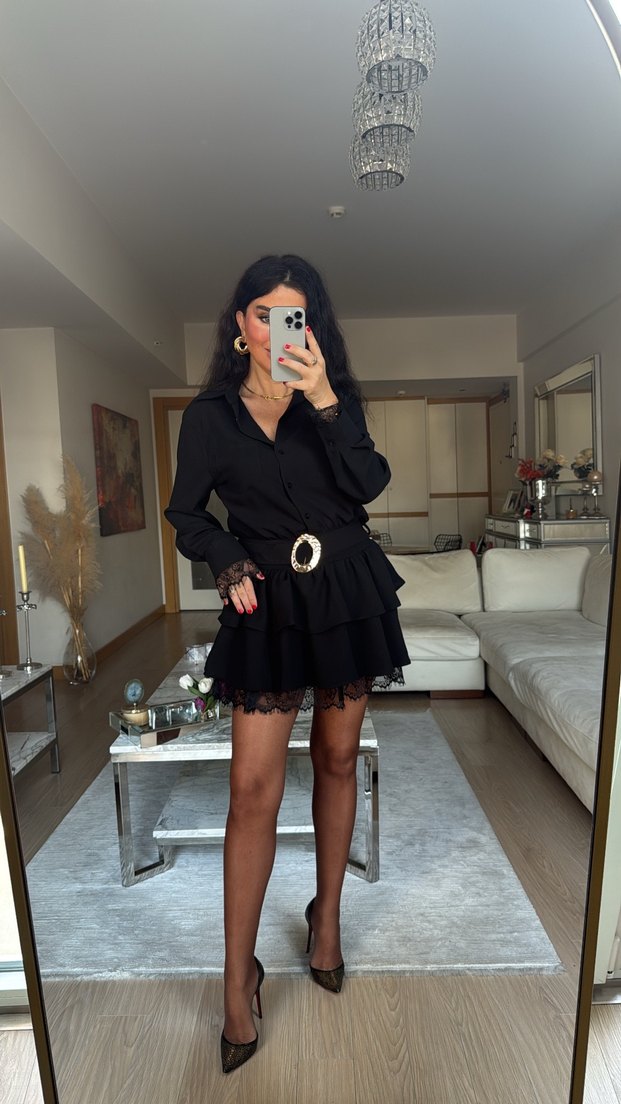 Kadın Siyah Gömlek Yaka Dantel Detaylı Kemerli Elbise - Görsel 2