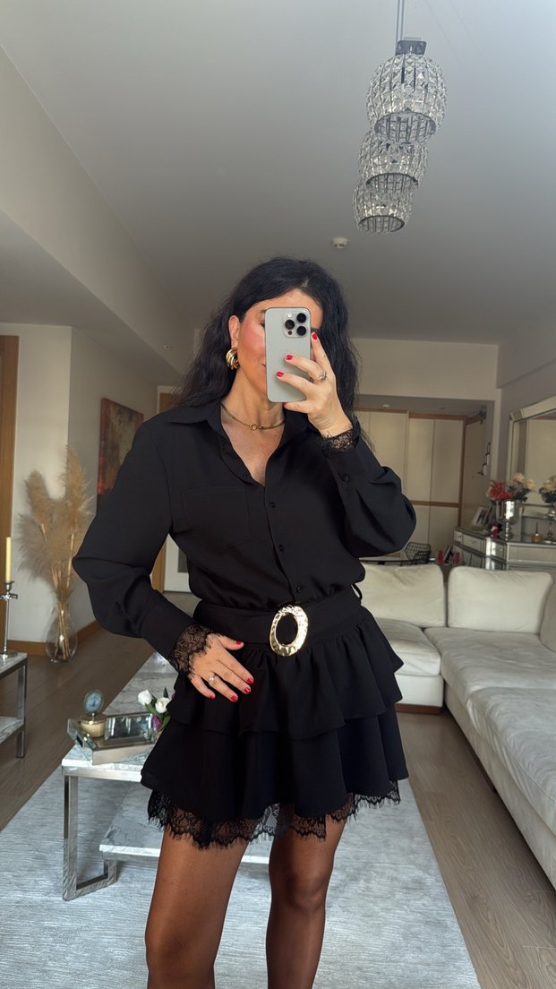 Kadın Siyah Gömlek Yaka Dantel Detaylı Kemerli Elbise - Görsel 4