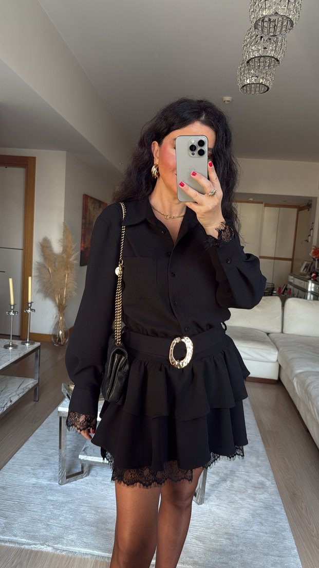 Kadın Siyah Gömlek Yaka Dantel Detaylı Kemerli Elbise - Görsel 3