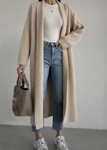 Kadın Uzun Yumoş Hırka Taş renk - Görsel 4