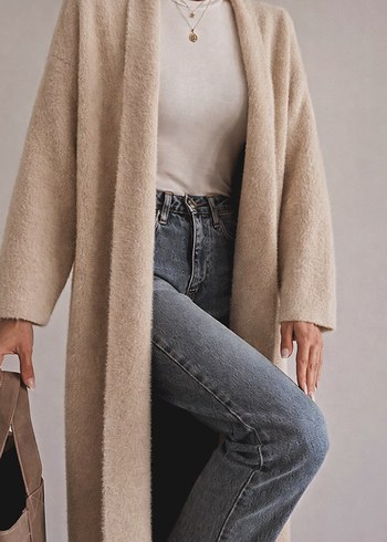 Kadın Uzun Yumoş Hırka Taş renk - Görsel 2