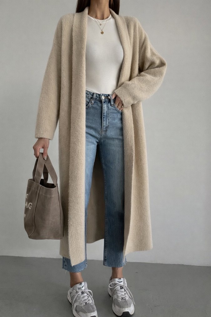 Kadın Uzun Yumoş Hırka Taş renk - Görsel 4