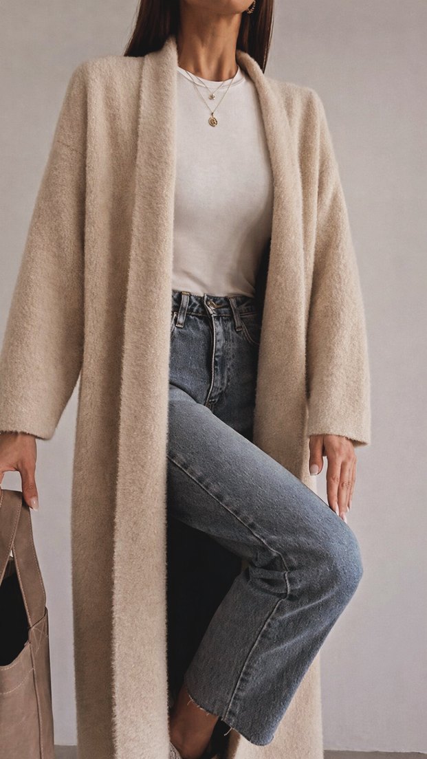 Kadın Uzun Yumoş Hırka Taş renk - Görsel 2