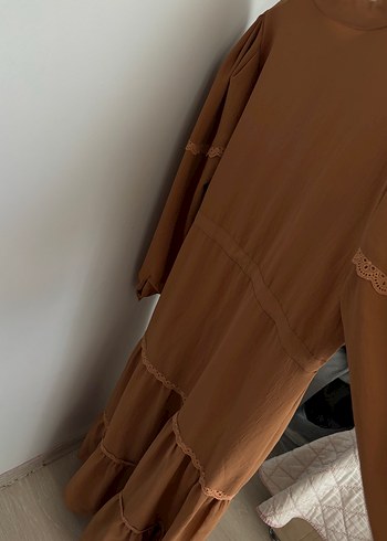 44 Beden camel Renk Uzun Kollu, Volan Detaylı Bej Bohem Elbise