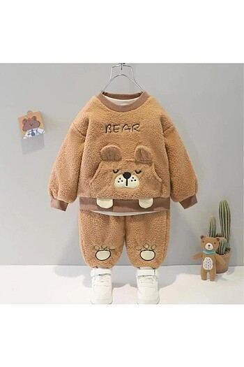 Kışlık Tatlı Peluş Alt Üst 2'li Takım Kahverengi