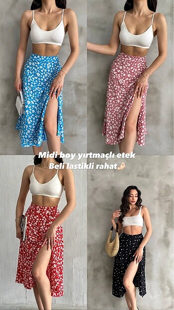 Çiçek Desenli Yırtmaçlı Midi Etek