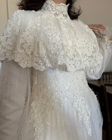 Vintage model fransız güpürlü özel tasarım şapkalı gelinlik - Görsel 4