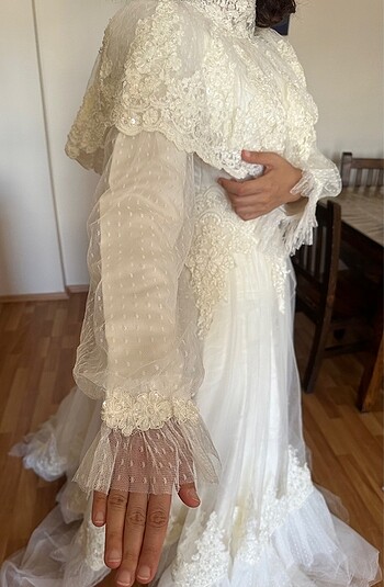 Vintage model fransız güpürlü özel tasarım şapkalı gelinlik - Görsel 7