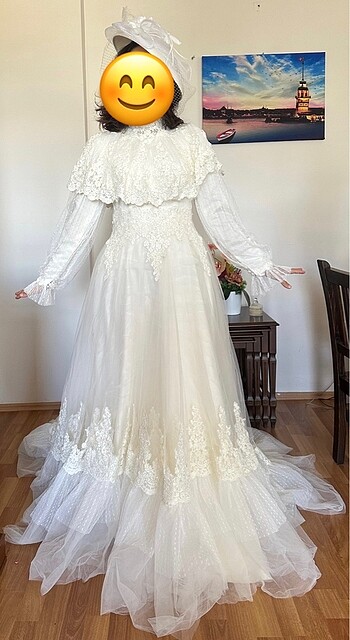 Vintage model fransız güpürlü özel tasarım şapkalı gelinlik - Görsel 8