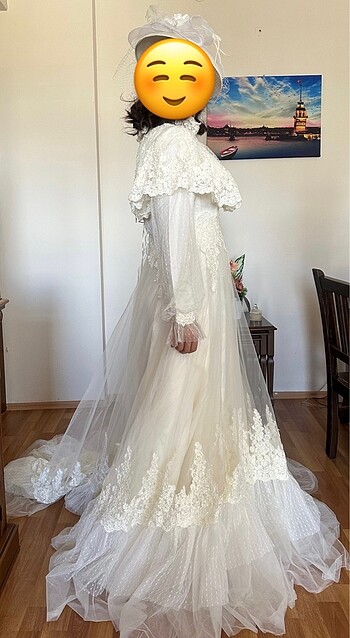 Vintage model fransız güpürlü özel tasarım şapkalı gelinlik - Görsel 9