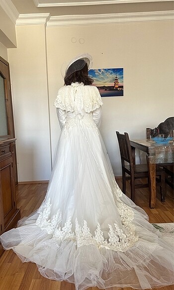 Vintage model fransız güpürlü özel tasarım şapkalı gelinlik - Görsel 10