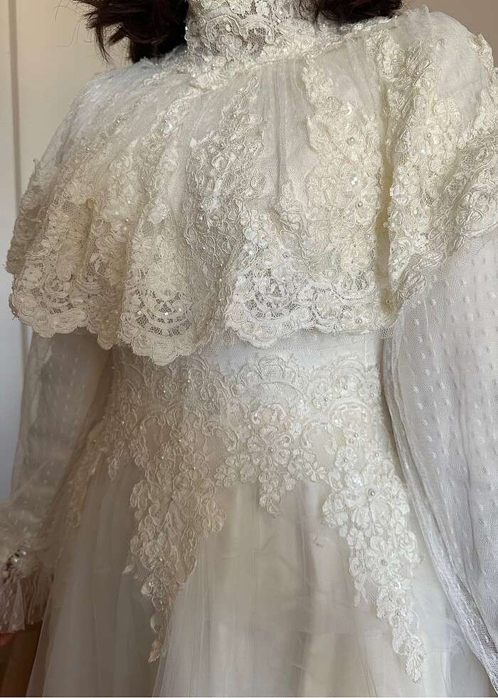 Vintage model fransız güpürlü özel tasarım şapkalı gelinlik - Görsel 5