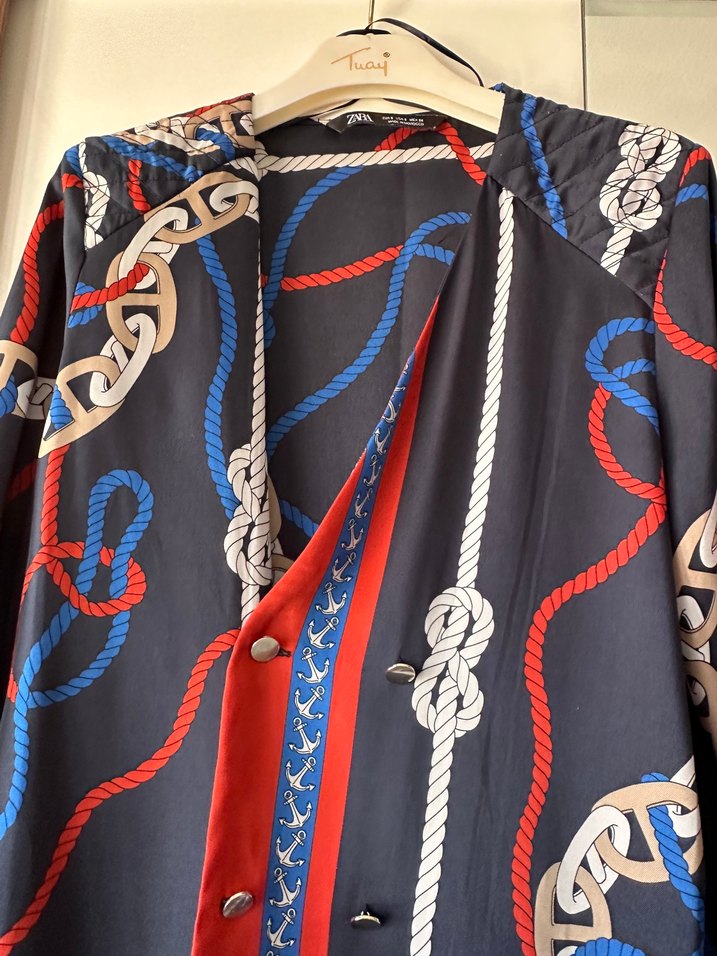 Zara marka Zincir desen Detaylı Uzun Bohem Tunik gömlek elbise - Görsel 2