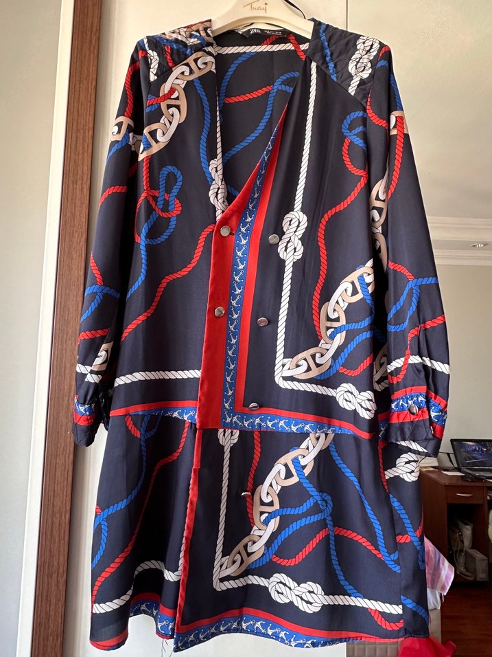 Zara marka Zincir desen Detaylı Uzun Bohem Tunik gömlek elbise - Görsel 3