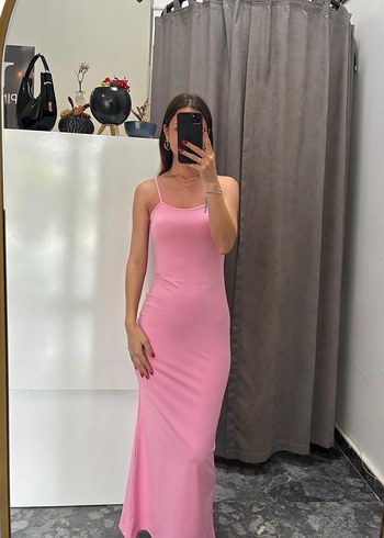 s Beden Pembe İp Askılı Uzun Elbise
