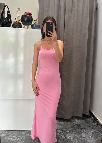 Diğer Pembe İp Askılı Uzun Elbise