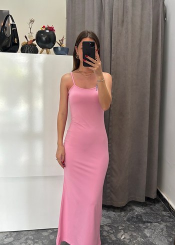 Pembe İp Askılı Uzun Elbise