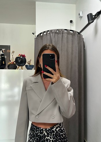 Gri Mini Crop Blazer Kadın Ceket