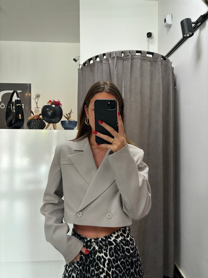 Gri Mini Crop Blazer Kadın Ceket - Görsel 3