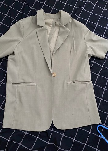 s Beden haki Renk Bej Kısa Kollu Keten Kadın Blazer Şort Takım