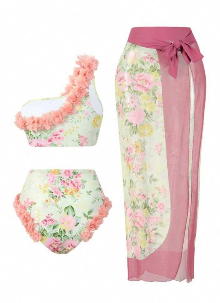 Pembe Çiçekli Dantelli Bohem Üçlü Mayo Takımı - Görsel 2