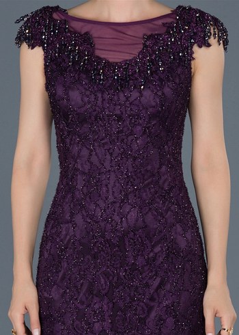 Dantel Detaylı Mor Uzun Abiye Elbise - Görsel 3