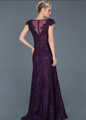 Dantel Detaylı Mor Uzun Abiye Elbise - Görsel 2