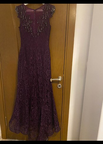 Dantel Detaylı Mor Uzun Abiye Elbise - Görsel 4