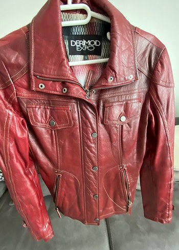 Derimod Kırmızı Deri Biker Ceket - Görsel 3