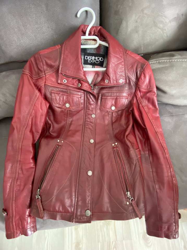 Derimod Kırmızı Deri Biker Ceket - Görsel 4