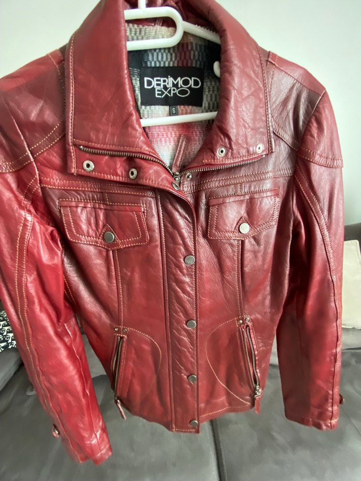 Derimod Kırmızı Deri Biker Ceket - Görsel 3