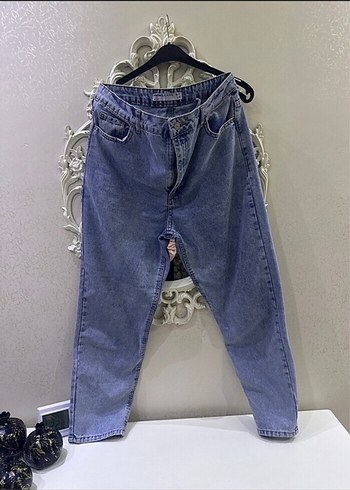 Kadın Mavi Bel Bantlı Bol Kesim Denim Pantolon