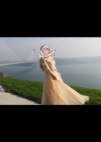 Bej Uzun Kollu Drapeli Bohem Nişan Elbisesi