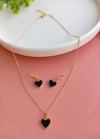 Siyah Kalp Kolye Küpe Seti - Görsel 3