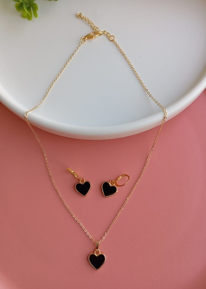 Siyah Kalp Kolye Küpe Seti - Görsel 2