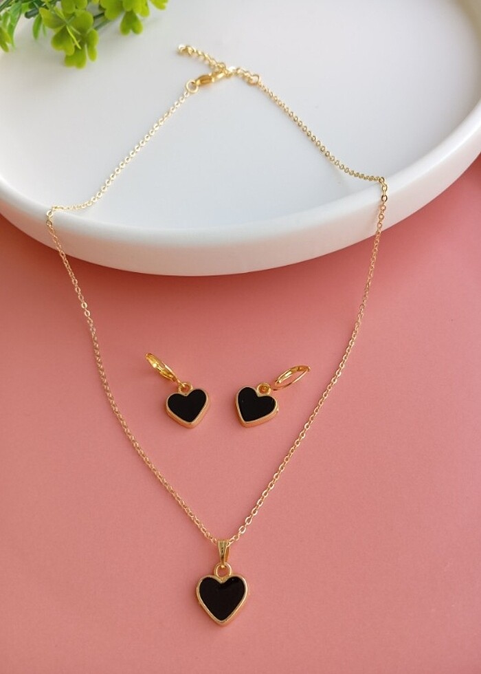 Siyah Kalp Kolye Küpe Seti - Görsel 3