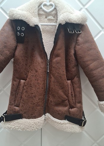 Kız Çocuk Kahverengi Süet Kürk Detaylı Ceket - Görsel 5