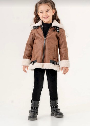 Kız Çocuk Kahverengi Süet Kürk Detaylı Ceket - Görsel 3