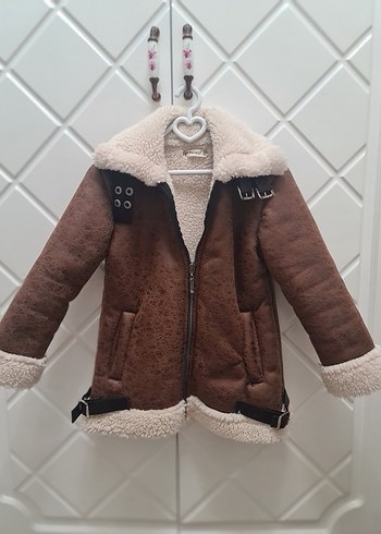 Kız Çocuk Kahverengi Süet Kürk Detaylı Ceket - Görsel 4