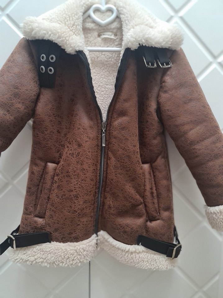 Kız Çocuk Kahverengi Süet Kürk Detaylı Ceket - Görsel 5