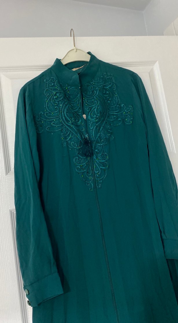 Uzun Turkuaz Nakışlı taş işlemeli ferace - Görsel 2