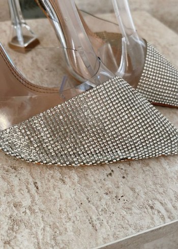 37 Beden gri Renk Gri Yılan Desenli Taşlı Stiletto Topuklu Ayakkabı