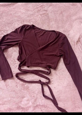 Kahverengi V Yaka Bağlamalı Crop Top - Görsel 2