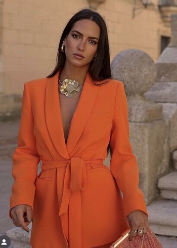 Zara Turuncu Siklik Sal Yaka Bel Kusakli Blazer Takim